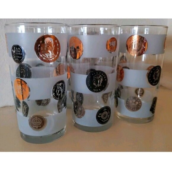 Set Of 7 Vintage Frosted Coin Design High Ball BarGlasses 22 kt Gold Rim Display - Picture 4 of 6